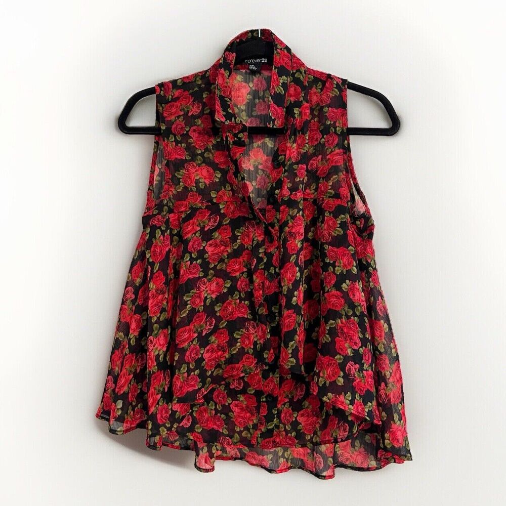 Dark Floral Red Roses Babydoll Tiered Whimsigoth Sleeveless Top S